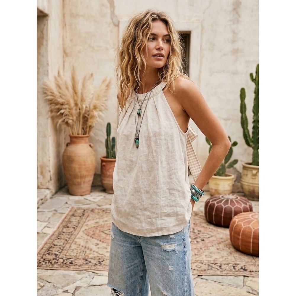 Bellambra Italy Linen Blend Pleated Tie Back Tank Top Beige Large